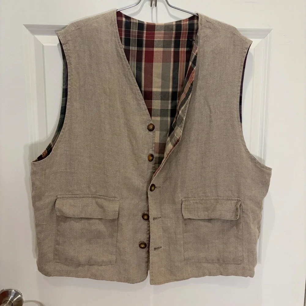 Mens Vintage Reversible Plaid and Tan Linen Blend Button Front Vest Large